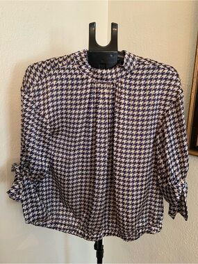 Brigitte Herskind Women’s Houndstooth Blouse in Blue and Cream Classic Pattern